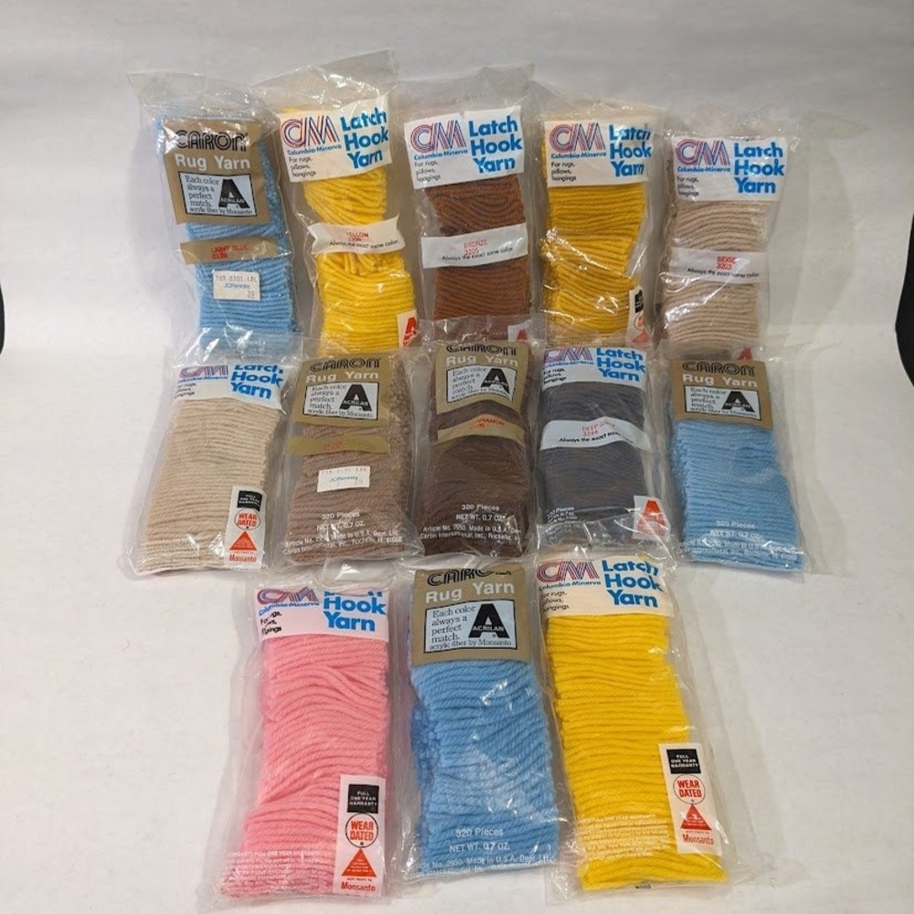 13 Vintage Caron Columbia-Minerva Latch Hook Rug Yarn Packs Blue Yellow Pink Lot